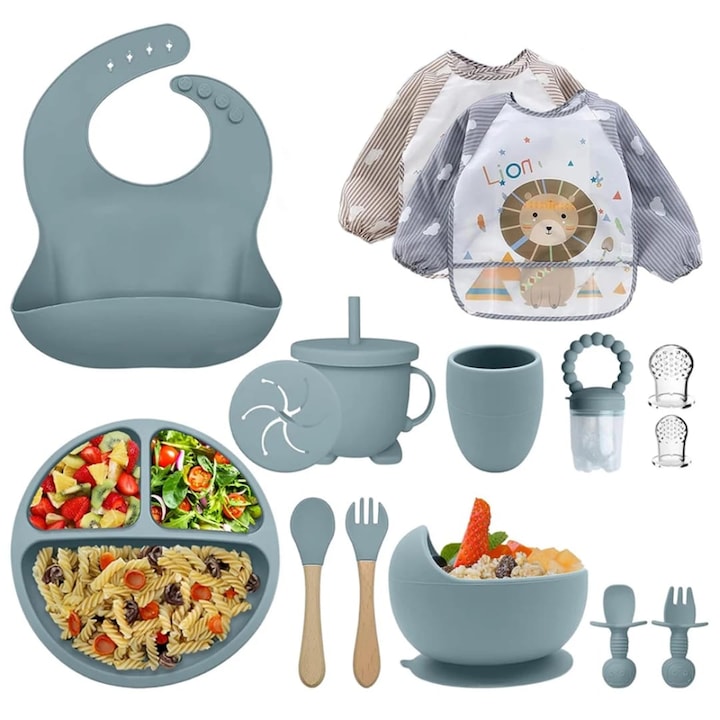 Set premium pentru diversificare si hranire bebelusi si copii-15 piese-bavete, farfurie, bol, tacamuri, pahare, suzeta hranitor-albastru