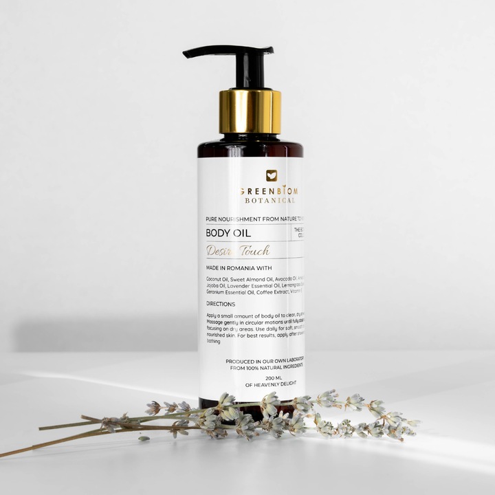 Ulei de corp hidratant Greenbiom Botanical Desire Touch, aromaterapie cu lemongrass si lavanda, hidratare intensa si piele catifelata, 200ml