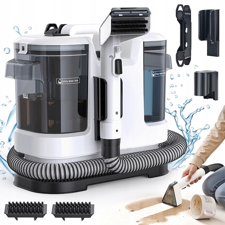 Aspirator cu spalare 3 In 1, Bedee, Portabil, Putere 450W, Putere de aspirare 12000Pa, Aspirator spalare cu extractie, Rezervor apa curata 1800ml, Rezervor apa murdara 800ml, Curatator de pete textile, saltele, covoare, tapiterii, mocheta, podele, Alb