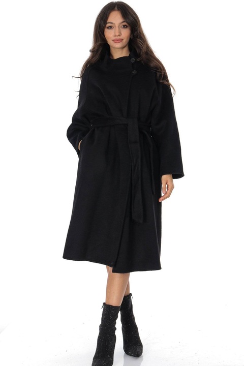 Palton lung din lana cu guler inalt Gri Inchis Roh JR669, M-L