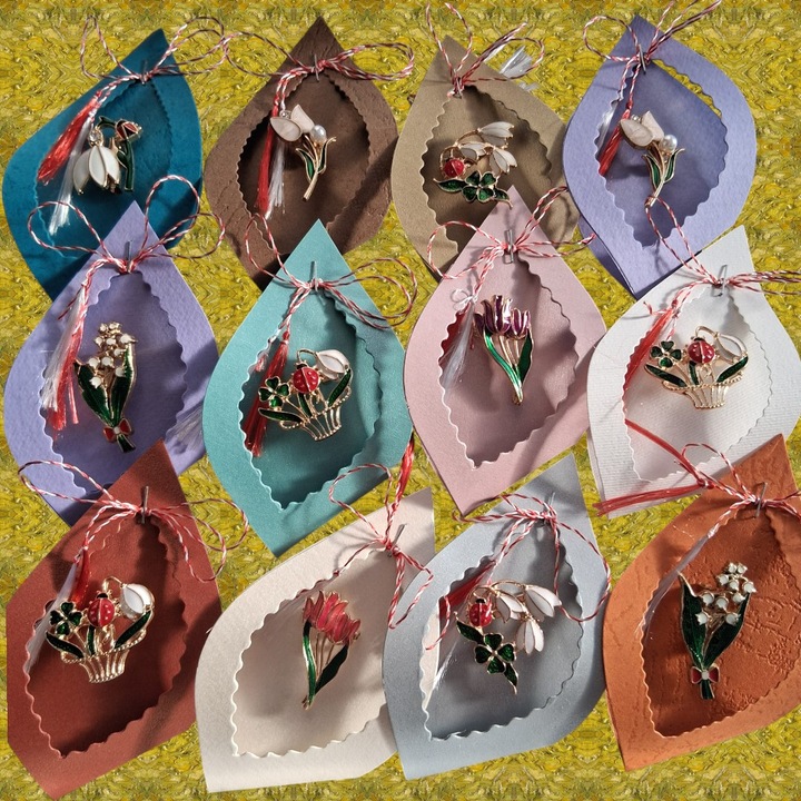 Simfonia Primaverii: Set de 12 Brose Martisor Flori, in Scoici de Carton Colorat