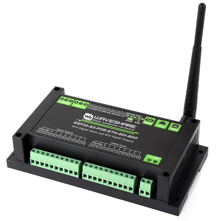 Модул ESP32-S3 Waveshare с 8 цифрови входа и 8 изхода, PoE, Ethernet, WiFi, монтируем на DIN шина, 175x90x40mm