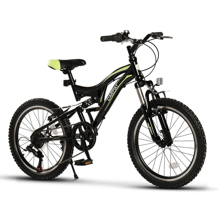 Детски велосипед Carpat MTB, 20 инча, 7 скорости, двойна рамка, черен/зелен