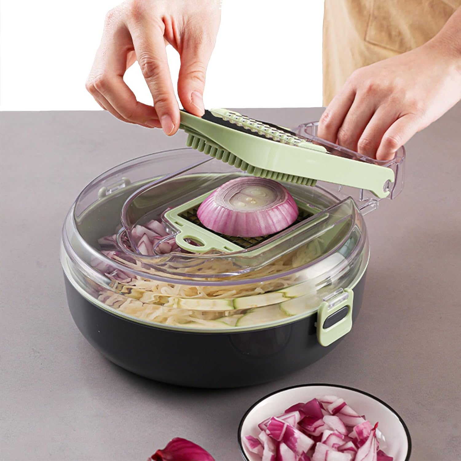 Set Tocator Legume Manual MACVI 14 in 1, 8 Lame din Otel Inoxidabil, Rotund, Plastic
