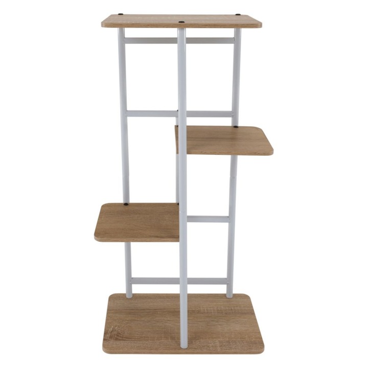 Suport de flori DacEnergy©, realizata din metal, patru rafturi realizate din DTD, 36 x 23, 5 x 74 cm, alb si stejar sonoma