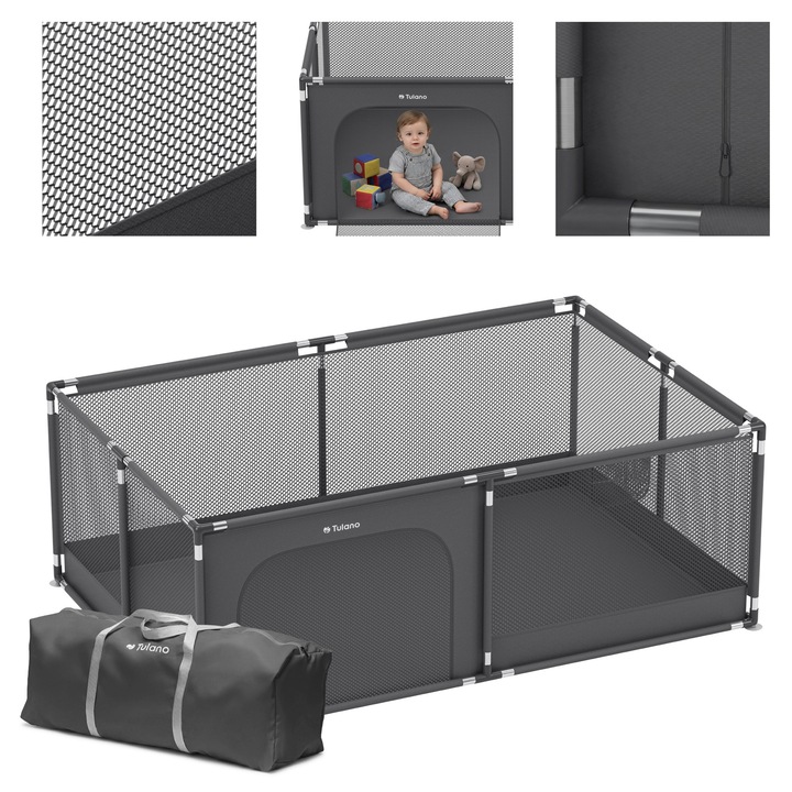 Tarc de Joaca, Tulano, Cozy 22, Tarc 120x180 cm, de la 6 la 36 luni, max. 15 kg, Podea inclusa, Buzunar pentru Obiecte Mici, Montaj Fara Unelte, Usor de Asamblat, Plasa de Protectie, Geanta de Transport, Loc de Joaca, Grafit