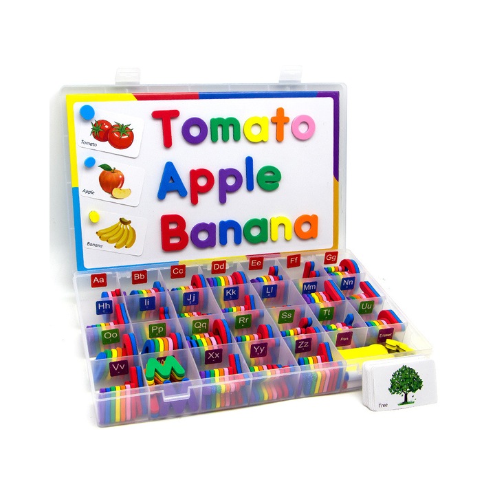 234 darabos betűkészlet, oktatójáték, EVA játékkészlet, 1 kétoldalas fehér táblával és tárolódobozzal, 40 angol kártyával, 3 év feletti gyermekek számára, többszínű