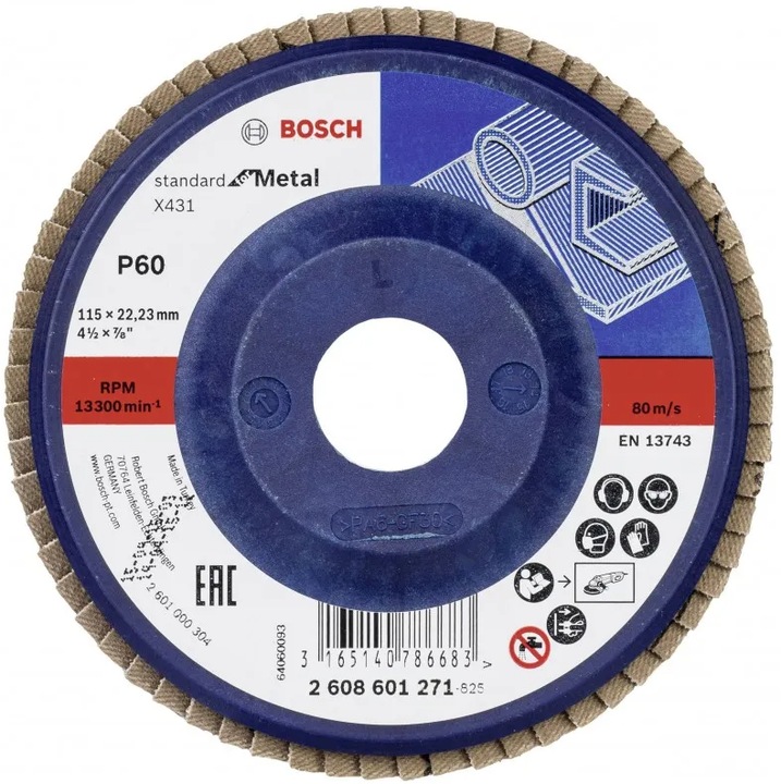 BOSCH Disc de slefuire evantai X431 pentru metal, executie dreapta, 115x22.2 mm, granulatie 60