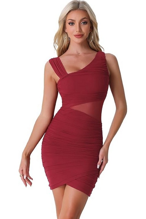 Rochie de petrecere fara maneci, mini, cu decolteu asimetric si pliuri, rosu, marime XL, Allegra K