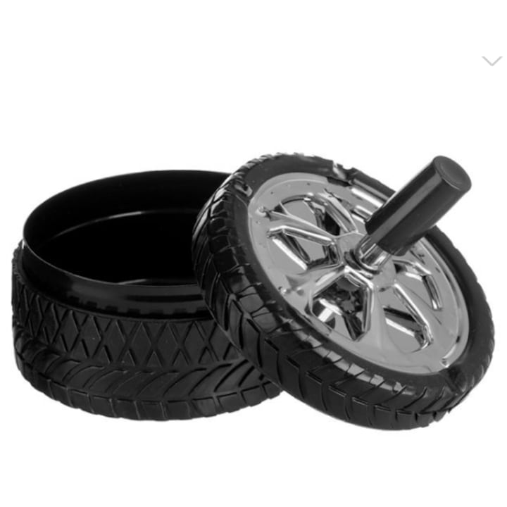 Scrumiera Metalica Anti Vant cu Model Roata Neagra Ø9.5x10cm