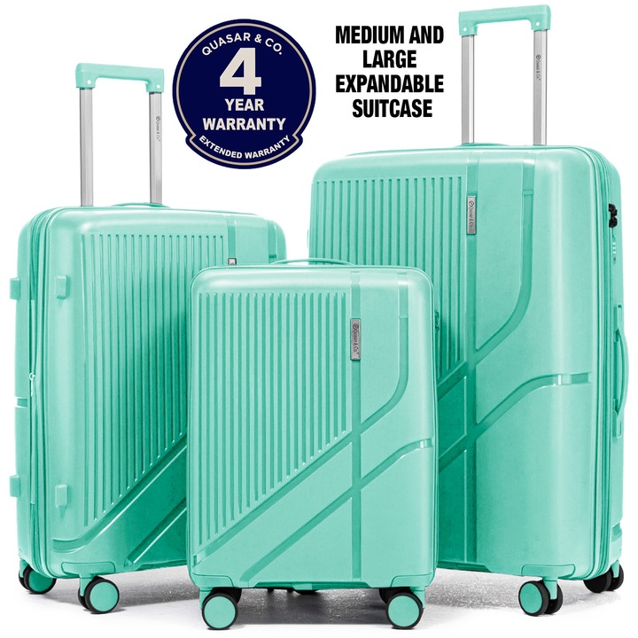 Set 3 trolere Quasar & Co.®, S/M/L, cabina/cala, valize cu fermoar antifurt, bagaje cu cifru, maner telescopic, geamantane cu 4 roti duble silentioase 360°, Mediu-Mare-extensibile, PP, cate 2 compartimente cu buzunar, AERO, verde