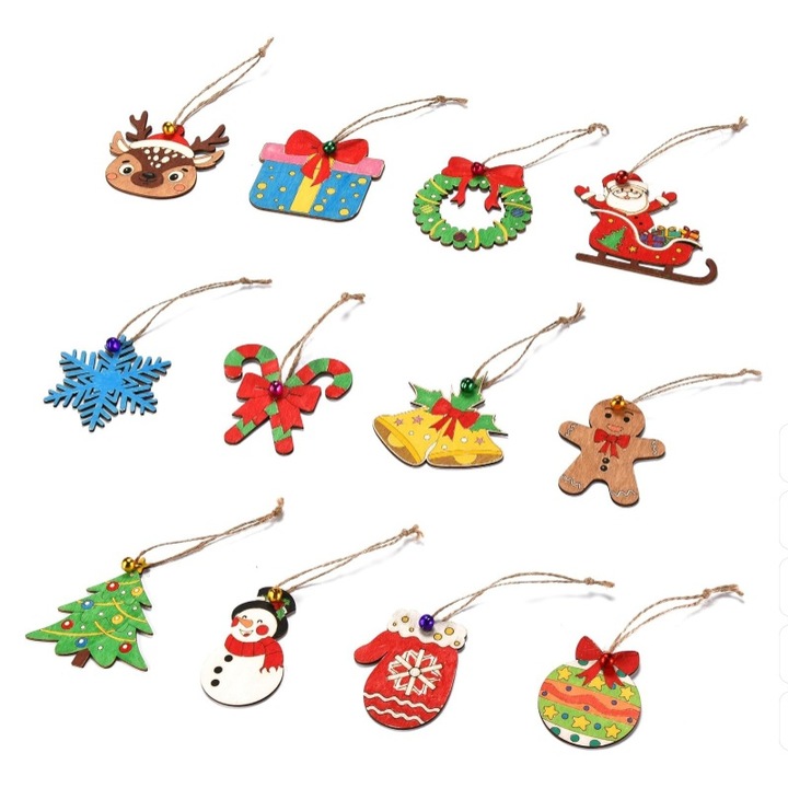 Decoratiuni de Craciun din lemn Personalizat DIY pentru pictura, Alegerea perfecta pentru decorul scenei si sarbatori, potrivit pentru proiecte creative la toate varstele, Set 24 Modele Diverse, Maro