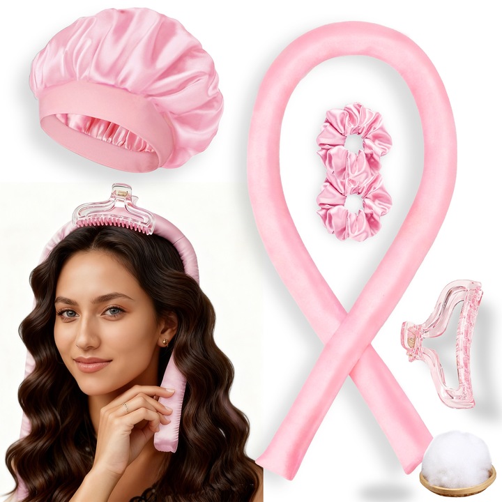 Premium Set 5 Ondulator Satin Fara Caldura, Bigudiu pentru Bucle Naturale, Valuri Moi fara Deteriorare, Set cu Elastice, Agrafa si Boneta, Styling Confortabil pentru Par Lung si Extensii, Roz