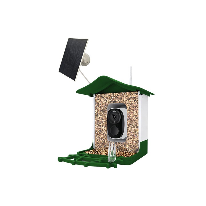 Hranitor inteligent pentru pasari cu camera, 3MP, panou solar de 3.3W, detectare a miscarii, vedere nocturna, audio bidirectional, streaming live, control prin aplicatie, rezistent la intemperii IP65