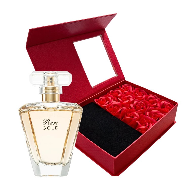 Cutie cadou Love Forever cu 12 trandafiri de sapun si apa de parfum Avon Rare Gold pentru femei 50 ml, parfum floral-oriental ambrat, cadou elegant si rafinat