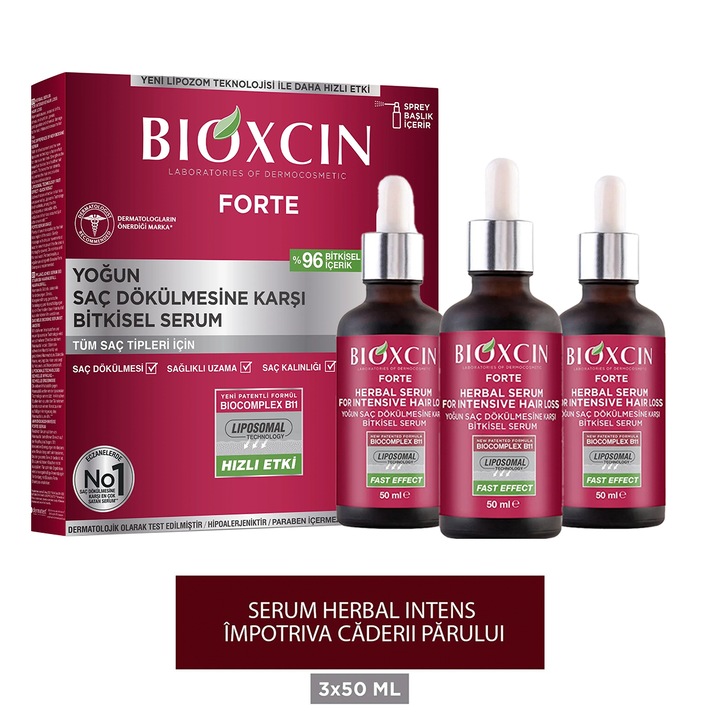 Bioxcin Forte Serum Impotriva Caderii Parului 3x50 ML, pentru Toate Tipurile de Par, Formula Intensiva cu Biocomplex B11