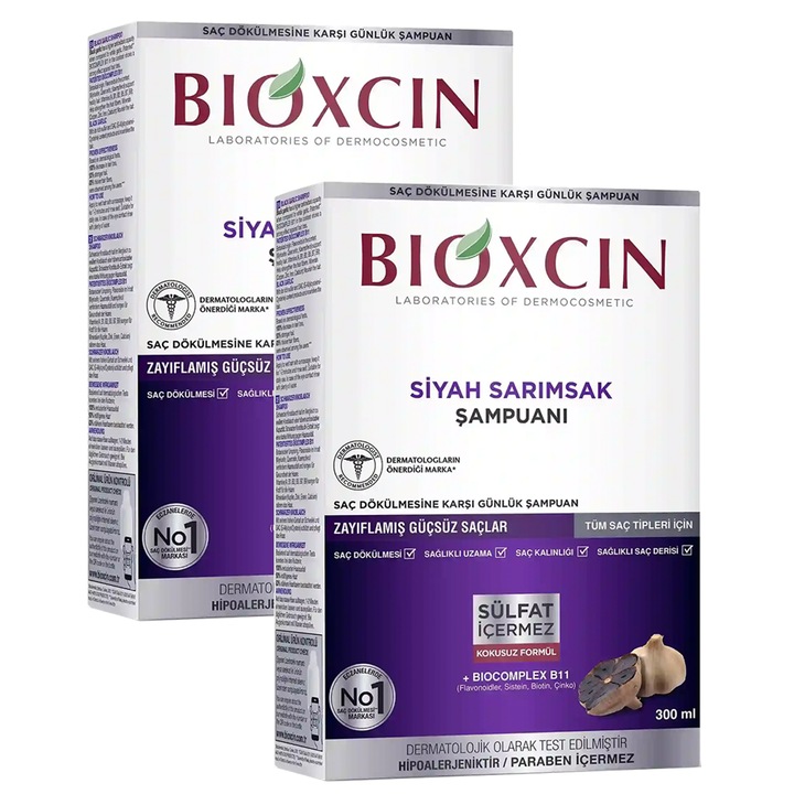 Bioxcin Sampon cu Usturoi Negru Impotriva Caderii si Subtierii Parului 2x300 ML, pentru Par Slabit, pentru Toate Tipurile de Par