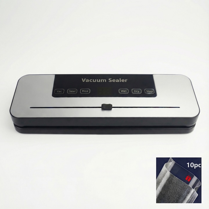 Aparat de vidat si sigilat alimente JLFTM, 110W, 65kpa, 6 functii vidare, panou de comanda tactil, 30 cm bara de lipire, Cutter Incorporat, cu 10 Pungi 20x30cm, sterilizare UV, Argintiu