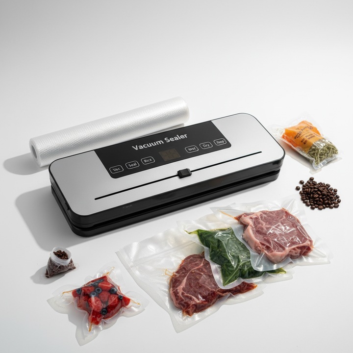 Aparat de vidat si sigilat alimente JLFTM,110W,65kpa, 6 functii vidare, panou de comanda tactil, 30 cm bara de lipire, Cutter Incorporat, cu 10 Pungi 20x30cm,, sterilizare UV, Argintiu