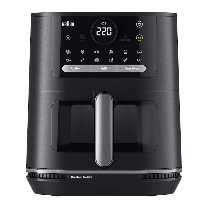 Friteuza cu aer cald, fara ulei, Braun MultiFry 5 HF5075, 3in1: air fryer, grill si cuptor, 2000 W, 1.6 L, tehnologie RealOven, 20 programe automate, sertar si grill cu invelis ceramic fara PFAS, temperatura ajustabila, oprire automata, negru