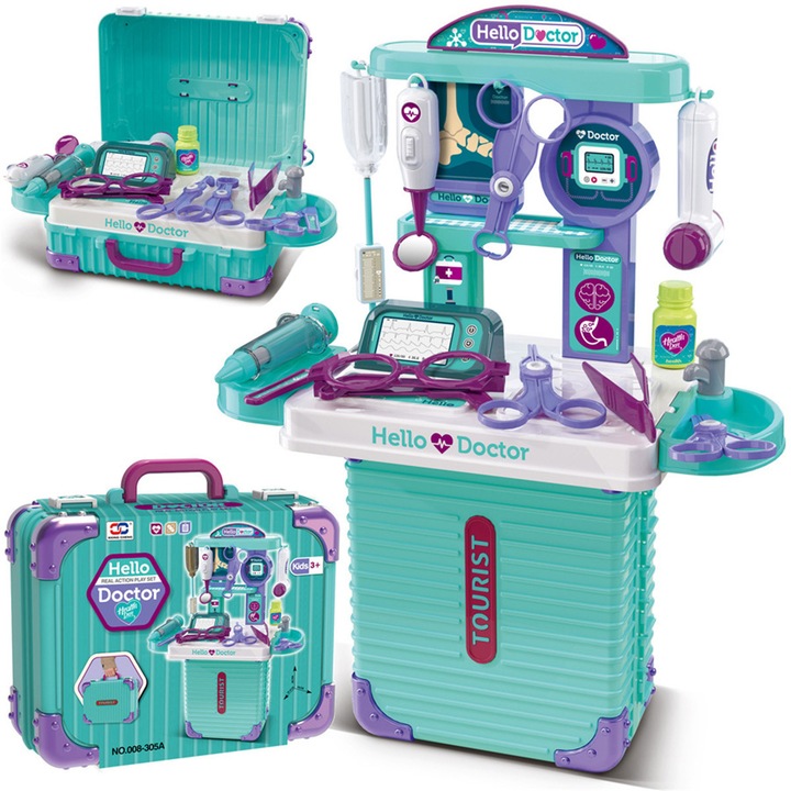 Set Jucarie de Rol Medical Valiza 3 in 1, MorFansi®, Portabil, Jucarii Educationale Interactive Pentru Copii, STEM, Multiple Accesorii, 355x180x465mm, 3 ani+, Verde