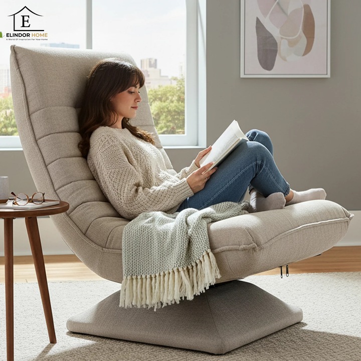 Elindor® Állítható Fotel Karfa Nélkül, Pihenőszék 5 Háttámla Pozícióval, 60 cm, 360°-ban Forgatható, Párnázott, Ideális Nappaliba, Hálószobába, Játékhoz, 60 × 105 × 87 cm, Fekete