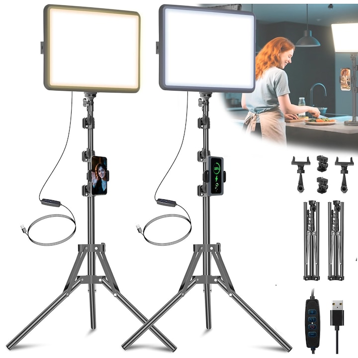 Set 2 Lumini Studio Portabila, FOLIXS, 12 Inci, 15W, 2800K-6500K, USB, Rotatie de 360°, 1700 LM, Reglabil trepiede 160 cm, 3 Moduri de iluminare, luminozitate reglabila, Intrerupator de comanda cu fir, Fabricat din aliaj, Pentru photo / video / makeup