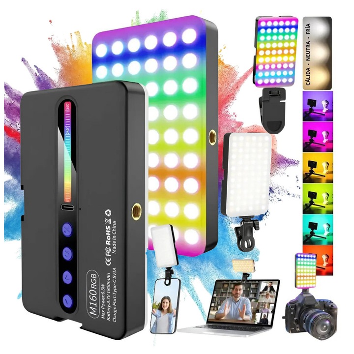 Видео фото RGB LED лампа, 360 цвята, постоянна светлина 2700-6500K, 1800mAh, 19 режима на сцена, CRI 95+, регулируема яркост, за фотоапарат, видеокамера, GoPro, телефон, слот за зареждане USB Type C, черен
