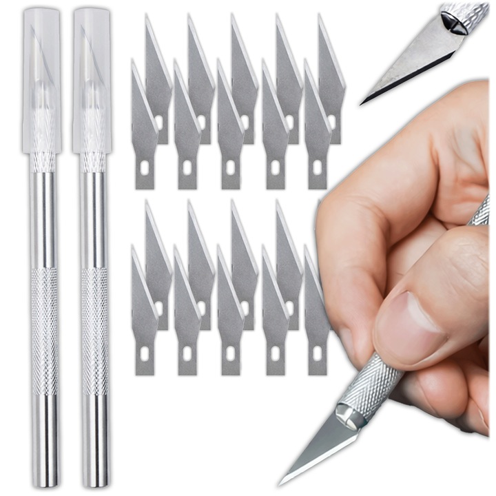 Set cuttere de precizie Krumad, 2 cuttere, 20 lame interschimbabile, maner ergonomic din aluminiu, pentru DIY, modelism