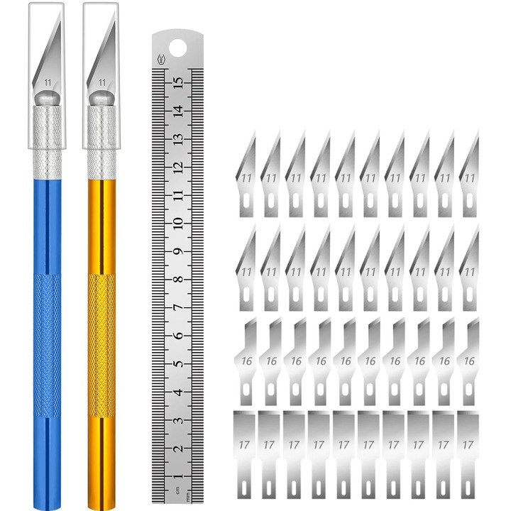 Set 43 Cutter metalic de precizie tip bisturiu, ZGGZERG, 40 de lame din otel carbon, manere din aliaj de aluminiu, galben/albastru