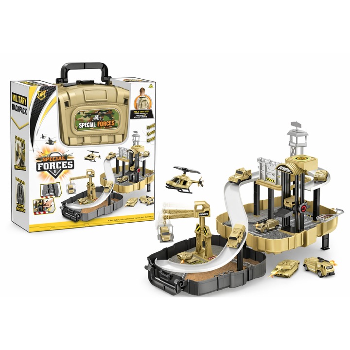 Set Militar Special Forces cu Rucsac Transformabil, Centru de Comanda Tactical, Vehicule Militare si Pista Pliabila, 30 cm