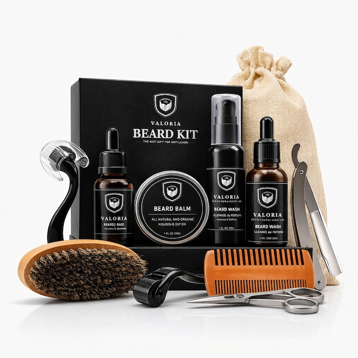 Set ingrijire barba Valoria, 9 piese, Set barbati pentru barba si mustata, Set Premium Complet pentru intretinere si crestere