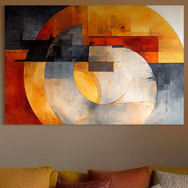 Tablou Canvas Premium, LuxCanva® C1279, Geometrii solare, 40 X 60 CM, Panza Bumbac 100% 400g/m2, Sasiu, Lemn, Geometrie, Culori, Abstract, Ocru, Gri, Auriu, Solar, Arhitectural, Timp, Incandescent, Ardere, Vis, Univers, Birou, Living, Dormitor