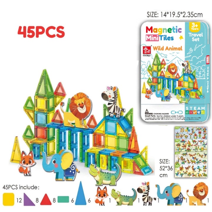 Placi Magnetice Mini de Constructie – Set Travel 45 Piese cu Animale Salbatice Adorabile in Cutie Metalica Eleganta, Jucarie Educativa STEM pentru Copii 3+ Ani, Cadou care Dezvolta Creativitatea