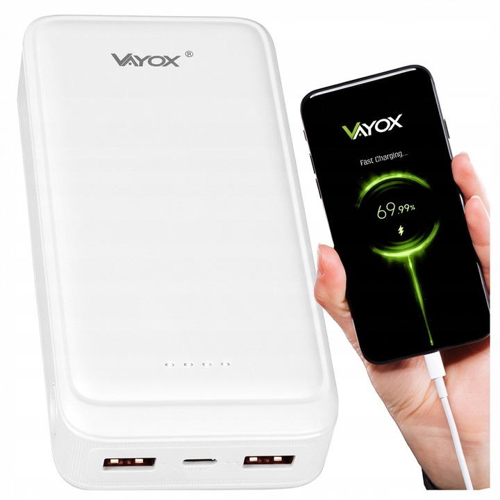 Powerbank Vayox 20000mAh, 20W, fehér, 2xUSB-A + USB-C, méretei 142x68x29mm