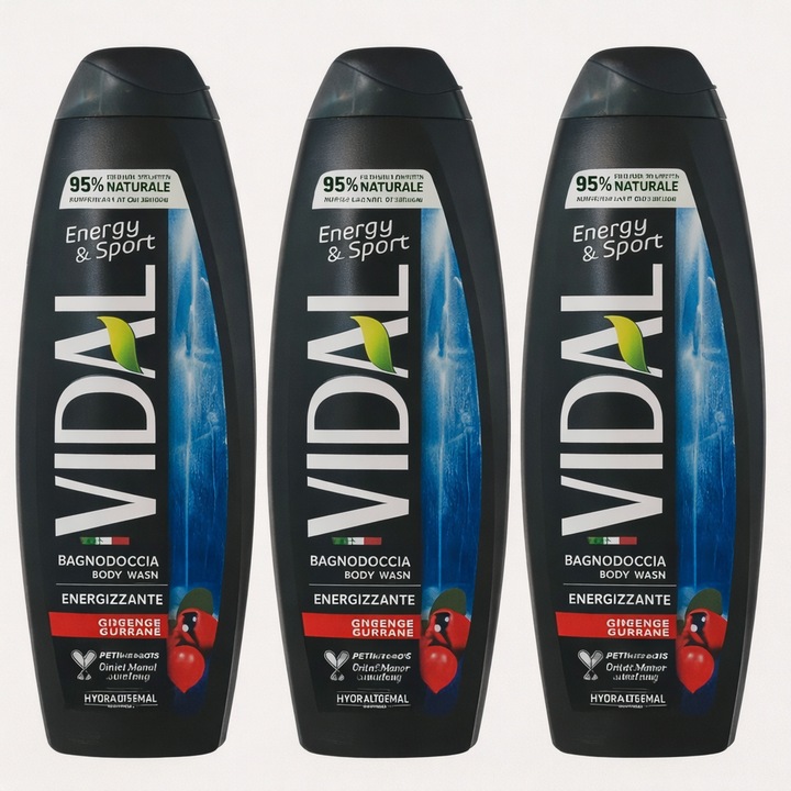Set gel de duș Vidal Energy & Sport, 3 x 500 ml, Ginseng și Guarana, pentru bărbați