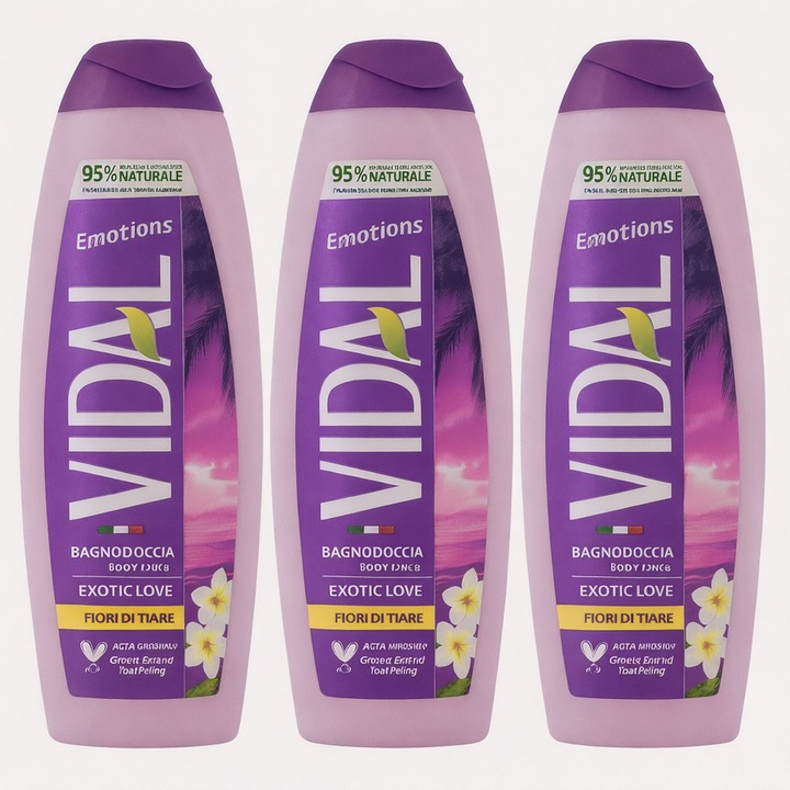 Set 3 Geluri de dus Vidal Exotic Love Fiori di Tiare, 500 ml, parfum floral, unisex