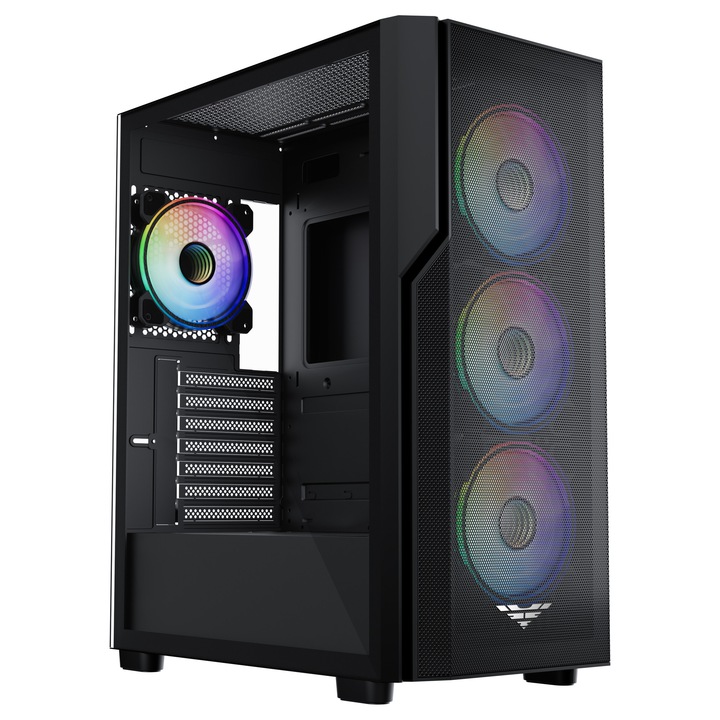 Carcasa Computer PREYON Nest Aero, Midi-Tower, Negru, Panou din sticla securizata, 4 ventilatoare ARGB