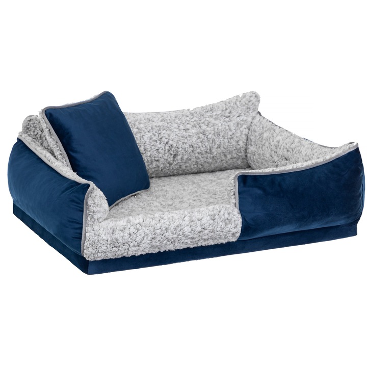 Culcus pentru caini BJIRD Porto, material Velvet, cu perna suplimentara, antiderapant, 55x40x19 cm, albastru