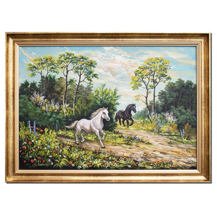 Tablou cai alergand pictat manual, Libertate, 80x60cm ulei pe panza rama din lemn, Stefan Bilibou, certificat de autenticitate