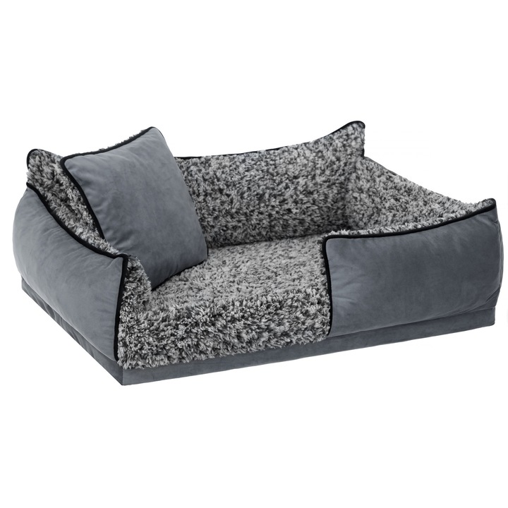 Culcus pentru caini BJIRD Porto, material Velvet, cu perna, antiderapant, 70x50x22 cm, gri