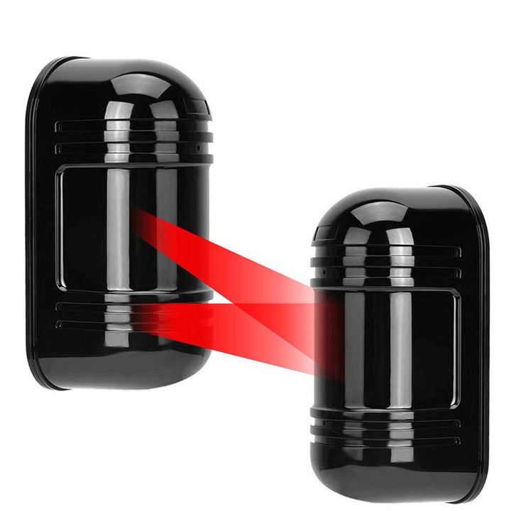 Detector cu dublu fascicul infrarosu, Garsonal®, senzor de alarma antifurt, rezistent la apa si rezistenta la caldura, raza de detectie 0-100 metri, potrivit pentru curte, ferestre, usi, Negru