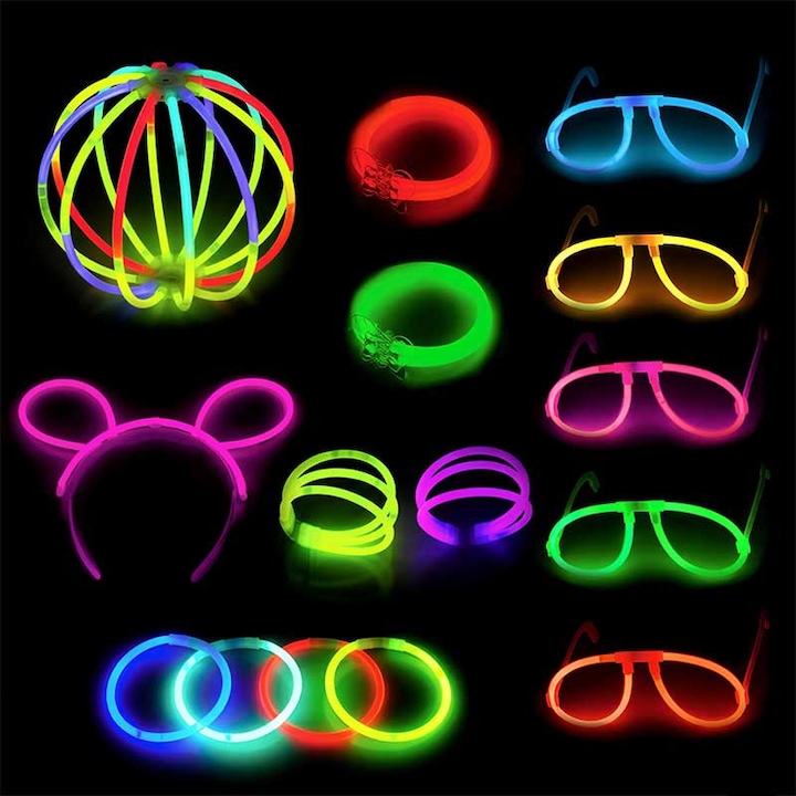 Party Pack: 100 bratari luminoase si colorate pentru petreceri, fosforescente, 100 conectori, 5 conectori fluture, 5 perechi elemente pentru ochelari, 5 conectori cercei, 2 conectori floare, 1 agrafa par, Glow Sticks 20cm, Culori diferite, bebeLOGIC™