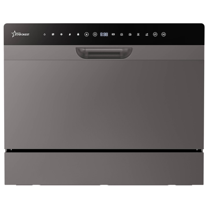 STARCREST SDW-601-SL съдомиялна машина, 6 комплекта, 5 програми, клас D, черен стъклен панел за управление, дигитален контролен панел, Eco режим, гъвкав монтаж, сив