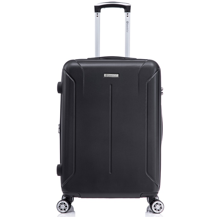 Куфар среден размер Quasar & Co. модел Smart, 66.5x45x28-33см, Разширяем, регистриран багаж, ABS 2.8 мм, Защитен цип, Кодово заключване, Телескопична дръжка, 4 двойни безшумни колела 360°, 2 отделения, Черен