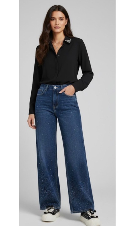 Дамски дънки Wide Leg със стрази, сини, Тъмносин