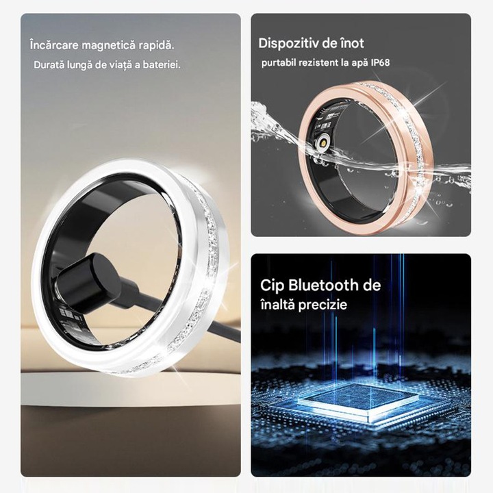 VeniSymlis® Inel inteligent Vring6 ultra-usor, auriu, monitorizeaza, ritm cardiac, SpO2, HRV si ciclu menstrual, 128 moduri sport, declansator pentru fotografii, IP68, incarcare magnetica, autonomie baterie 3–7 zile, contor pasi integrat，10