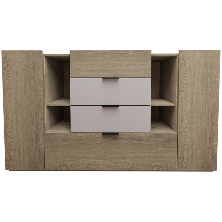 Comoda Irim Maui,160x42.5x92.5 cm, 2 usi, 4 sertare, culoare Stejar, Casmir