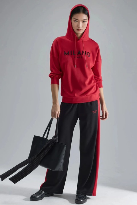 Set Femei, HiCCUP, cu Gluga Brodata, Pantaloni Largi, Rosu, Tricot