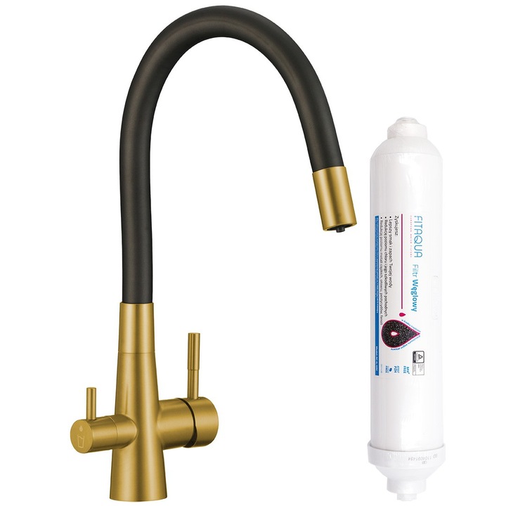 Riveco konyhai csaptelep, flexibilis kifolyó, szálcsiszolt arany és matt fekete, 200mm